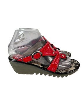 Fly London Red Patent Comfort Wedge Sandals Platform Slingback Euro 37 Size 6